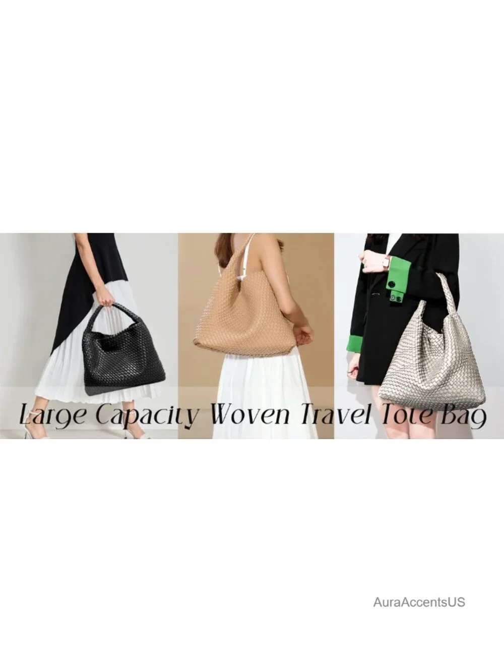 Handwoven Vegan Leather Tote Bag with Clutch Purse Set